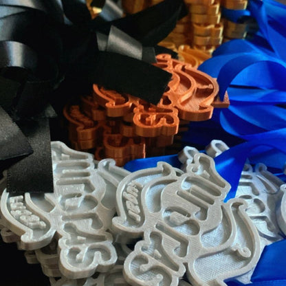 Pack 50 medallas 3D personalizadas oro plata bronce con cinta azul rey